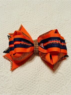 Handmade Astros Orange Kids Hair Bow with Rhinestone Accent